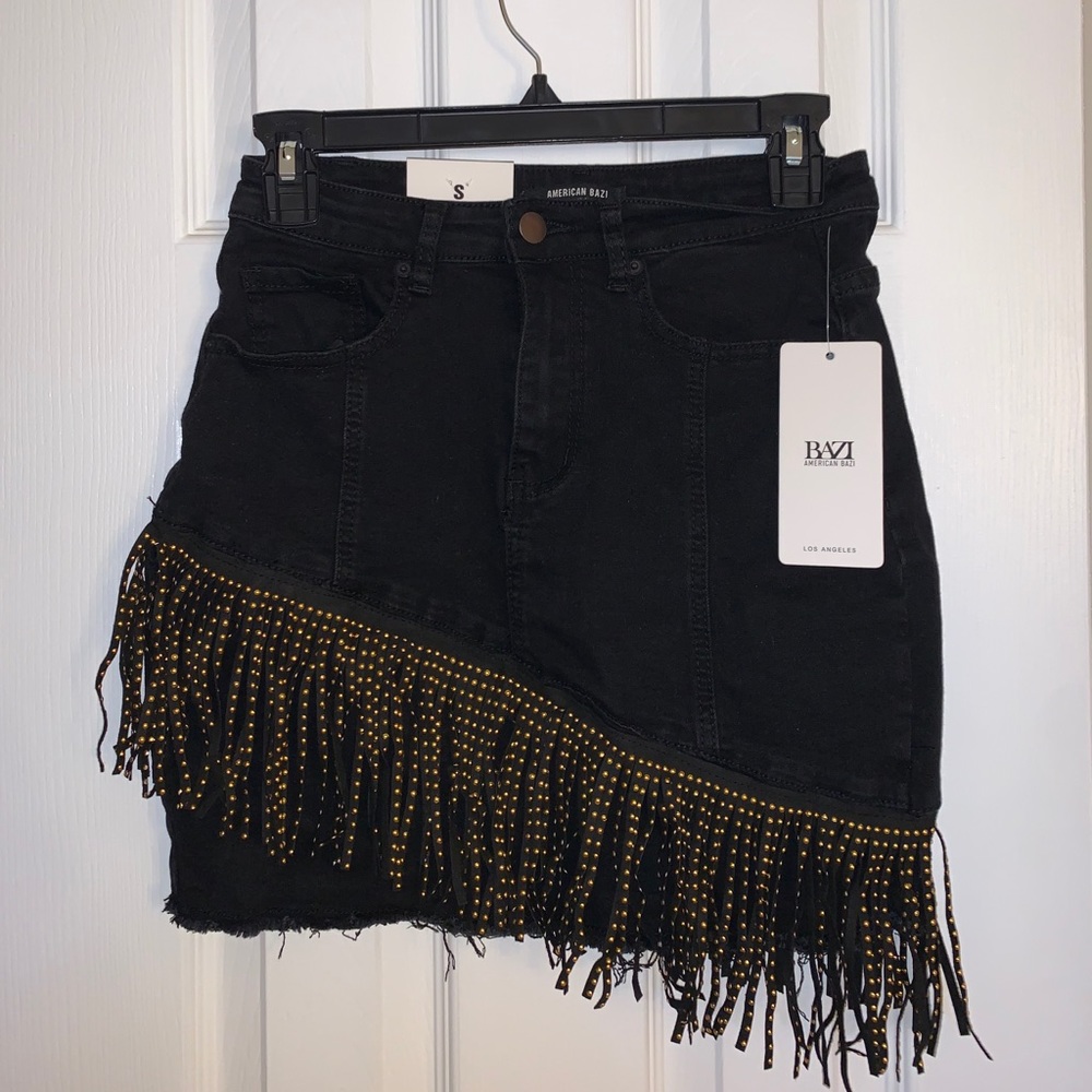 Black Jean Skirt with Fringe